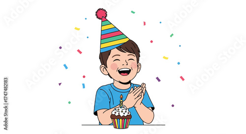 Joyful Boy Celebrating Birthday With Cupcake, Party Hat, and Festive Confetti