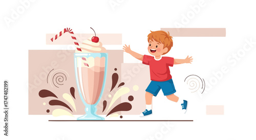 Joyful Boy Eagerly Anticipating Delicious Creamy Milkshake, Cherry Topping Delight