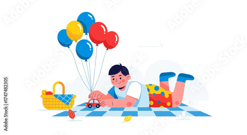 Joyful Boy Enjoying Leisure Time With Balloons, Car, and Picnic Basket on Blanket