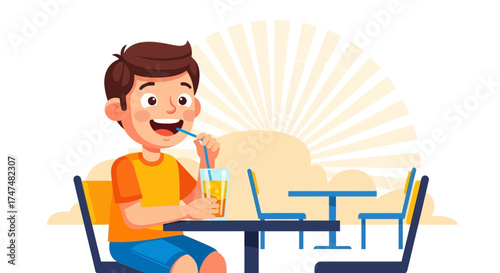 Joyful Boy Enjoying Juice In Sunlight At A Cafe Illustrative Representation