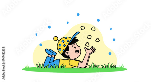 Joyful Child Enjoying Playful Moments While Reclining On Nature Surrounding Environment Scene
