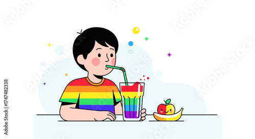 Joyful Child Enjoying Rainbow-Colored Drink with Animated Fruit Illustration Style