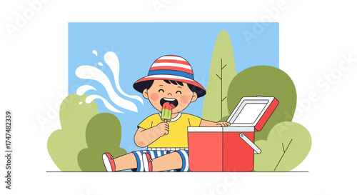 Joyful Child Enjoying Popsicle Near A Cooler Against A Blue Sky Background