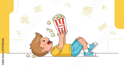 Joyful Child Enjoys Fresh Popcorn While Anticipating Thrilling Cinema Experience
