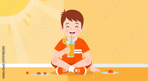 Joyful Child Enjoys Refreshing Drink Under Sunny Skies and Beautiful Sunshine
