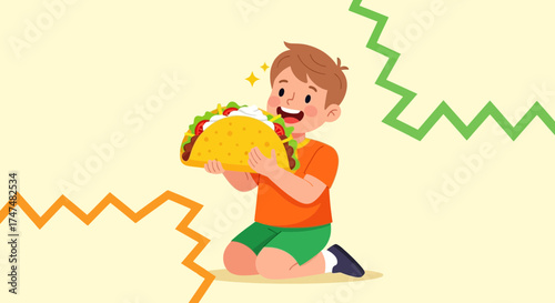 Joyful Child Holding Delicious Taco Enjoying Fresh Food For Mealtime Pleasure