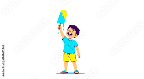 Joyful Child Holding Ice Cream Popsicle Enjoying a Refreshing Treat on Summer Day