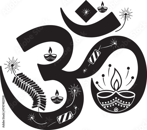 A stylized, artistic depiction of the Hindu Om symbol with festive elements, including candles and fireworks, against a white background.