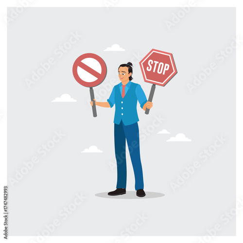 Businessman Standing Holding Stop Sign And No Entry Sign.