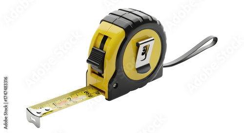 Yellow and black tape measure isolated on transparent background, a common tool used for measuring length and distance in various construction and diy projects