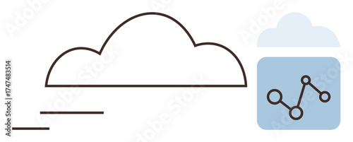 Outline cloud and blue block containing a graph interconnected by lines suggest data storage, processing. Ideal for cloud computing, data analytics, technology, innovation, research, connectivity