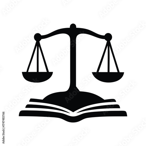 Black Silhouette of Scales of Justice Resting on an Open Book on White Background balance