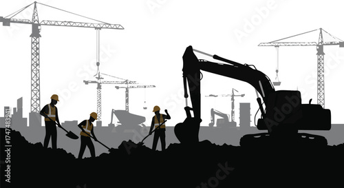 Construction workers laboring on a building site with heavy machinery and cranes, silhouetted against a cityscape.