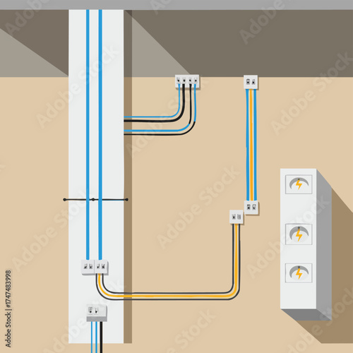 An illustrative depiction of electrical wiring and outlets, showcasing the flow of power through a building's infrastructure.