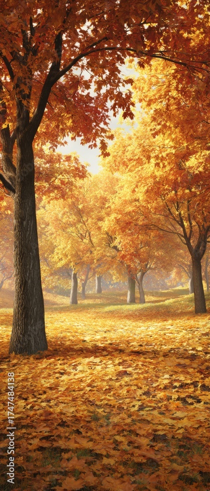 Fototapeta premium A vibrant cast of autumn leaves on a sunlit stage. Luxury style. Tranquility in autumn: a dance of colors under the sun. Glamour photo. Concept art.