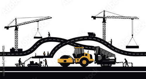 A stylized illustration depicts road construction with cranes, workers, and heavy machinery, symbolizing infrastructure development and progress.