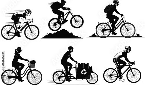Cycling silhouette vector, road bike, mountain biking, city commute, eco delivery, leisure ride, diverse bicycle styles, black and white illustration, transportation concept