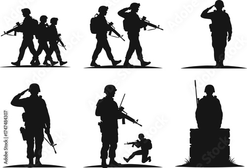 Military silhouettes, soldier poses, tactical vector illustration, army figures, combat stance, rifle carrying, saluting troops, black silhouettes, defense concept, war theme