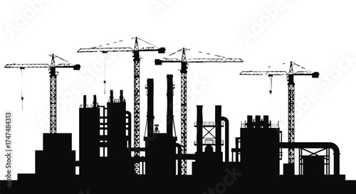 Silhouette of an industrial complex with multiple construction cranes, representing urban development and manufacturing processes.