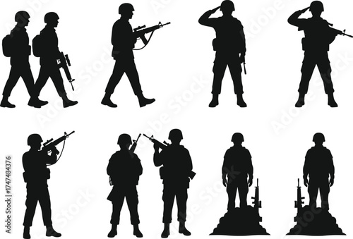 Soldier silhouettes, military poses, tactical vector illustration, army rifle stance, saluting troops, combat readiness, defense theme, war concept, black figures, battlefield action