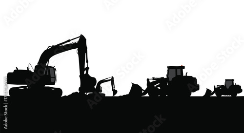 Silhouette of construction equipment, including excavators and bulldozers, working on a construction site against a bright white background.