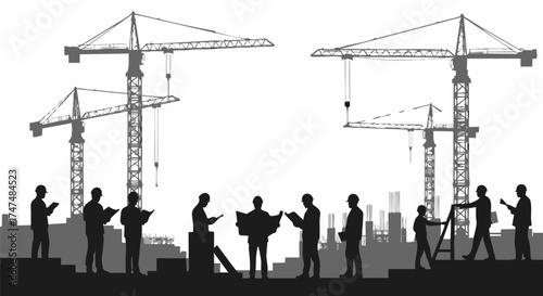 Silhouette of construction workers and cranes against a white background, representing teamwork and architectural planning for urban development.