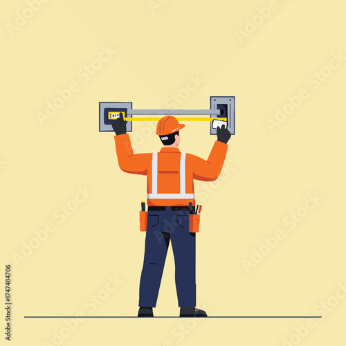 An electrician in safety gear measures the distance between two electrical boxes on a wall, ensuring precise installation and safety.