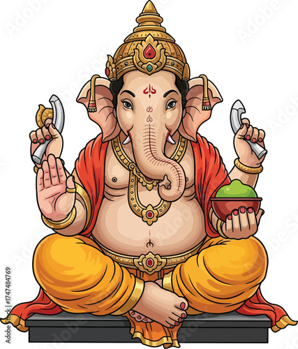 A cartoon illustration of Lord Ganesha, the Hindu god of wisdom and prosperity, seated on a pedestal with his hands in a gesture of blessing.