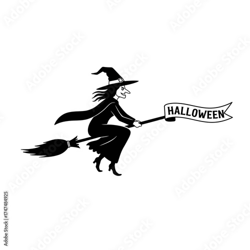 Halloween Witch Flying on Broomstick with Banner Illustration