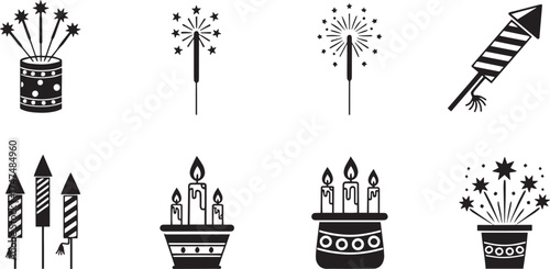 A collection of black and white fireworks and candles, with a white background.