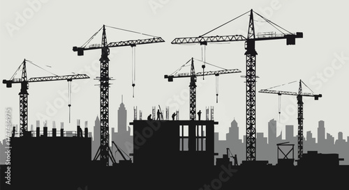 Silhouette of construction cranes and buildings, showcasing urban development and architectural progress, symbolizing growth and infrastructure.