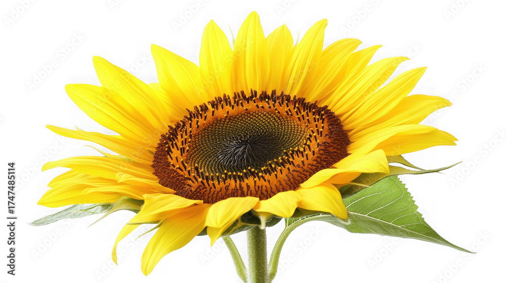 Fototapeta premium Close up of a vibrant yellow sunflower with a dark center against a stark transparent background isolated bloom