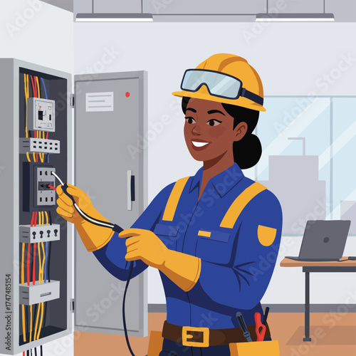 A skilled female electrician, wearing a helmet and safety glasses, expertly works on electrical wiring inside a panel, ensuring safety and efficiency.