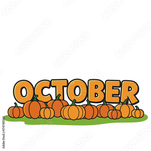 October Text with Cartoon Pumpkins on Grass, Autumn Season Illustration