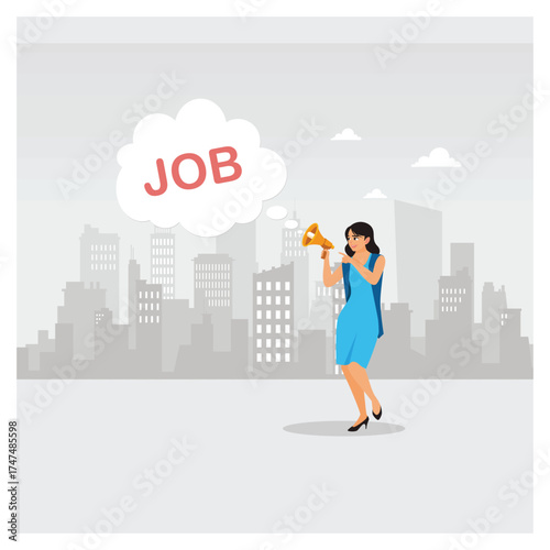 Business Woman With Megaphone Announces Job Opportunity.