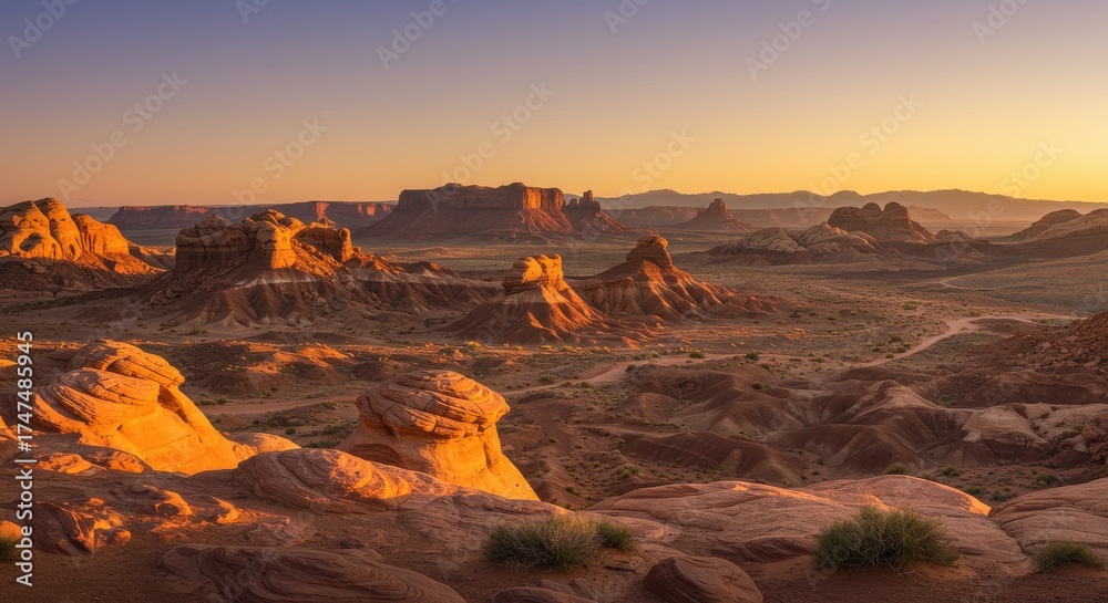 Fototapeta premium Golden hour illuminates eroded desert landscape with unique rock formations
