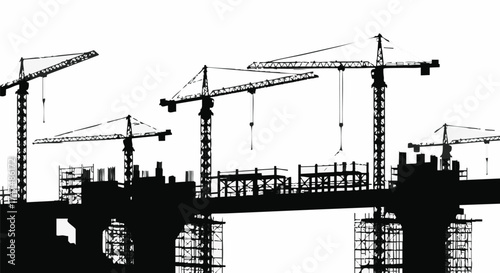 Silhouette view of construction cranes working on a bridge, depicting urban development and infrastructure against a bright white background.