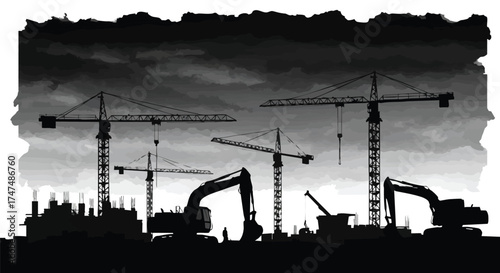 Silhouette of construction cranes and heavy machinery working on a building site under a dramatic, cloudy sky in black and white.
