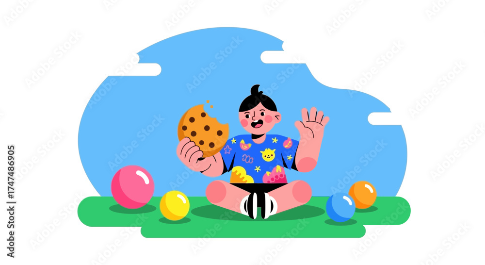 Naklejka premium Joyful Child Munching Cookie Amongst Several Colorful Spheres Surrounded In Sunshine