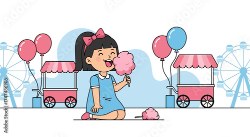 Joyful Child Munching Cotton Candy Delightfully At A Magical Ferris Wheel Funfair