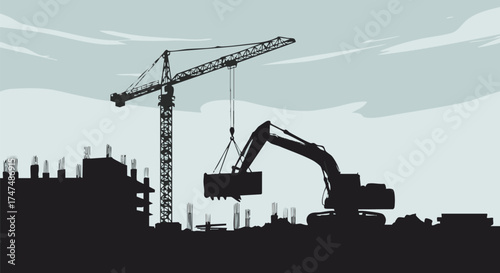 Construction site silhouette featuring a crane and excavator, with a building under construction against a cloudy sky background.