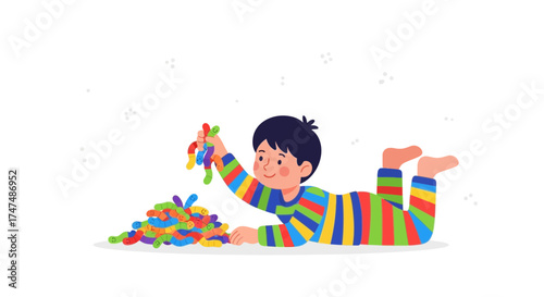 Joyful Child Playing With Colorful Worm Toys on a White Background Illustration