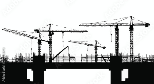 Silhouette of multiple construction cranes working on a building site, creating a modern urban landscape with a focus on development.