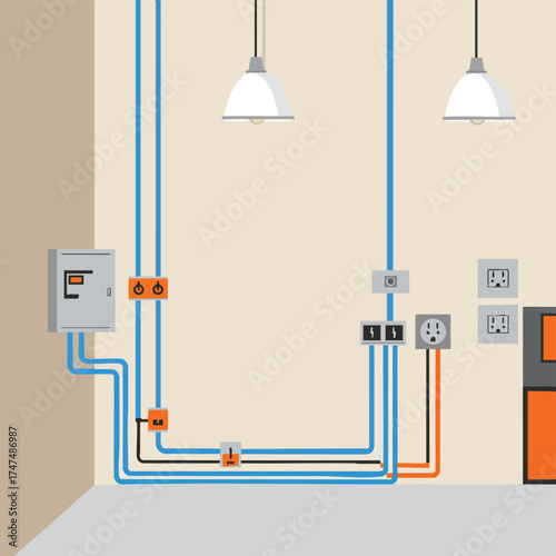 An illustrative depiction of electrical wiring and components, showcasing circuits, outlets, and lighting fixtures within a residential interior setting.