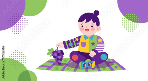 Joyful Child Presenting Grapes with Colorful Illustrations Displayed on White Background