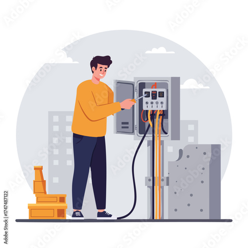 An electrician meticulously inspects and repairs a circuit breaker box outdoors, ensuring electrical safety and functionality for the building.