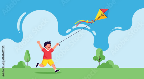 Joyful Child Runs And Plays With Colorful Kite Under A Bright Blue Sky