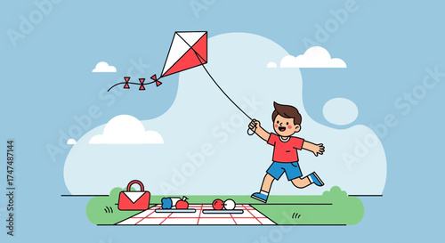 Joyful Child Running And Playing With Kite During a Picnic on Sunny Day