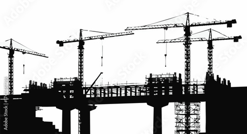 Silhouette of construction cranes working on a bridge, showcasing the infrastructure development against a bright, clear sky with a monochromatic aesthetic.