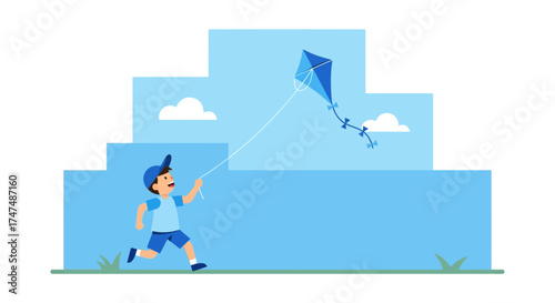 Joyful Child Runs While Flying a Kite on a Sunny Day in the Open Air